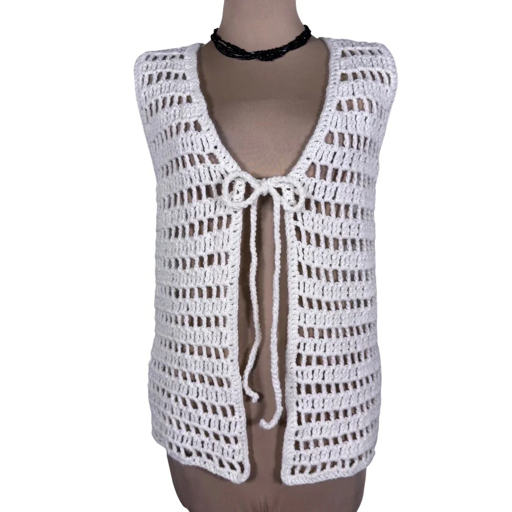 Vintage Hand Crocheted Cream Vest Tie Front Boho Regencycore Hippie‎ Open Knit - Picture 2 of 7